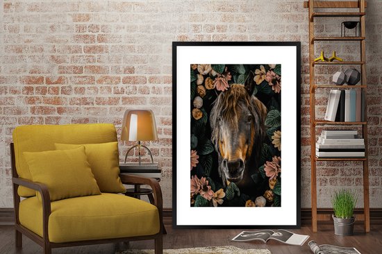Affiche avec cadre Cheval - Fleurs - Feuilles - 80x120 cm