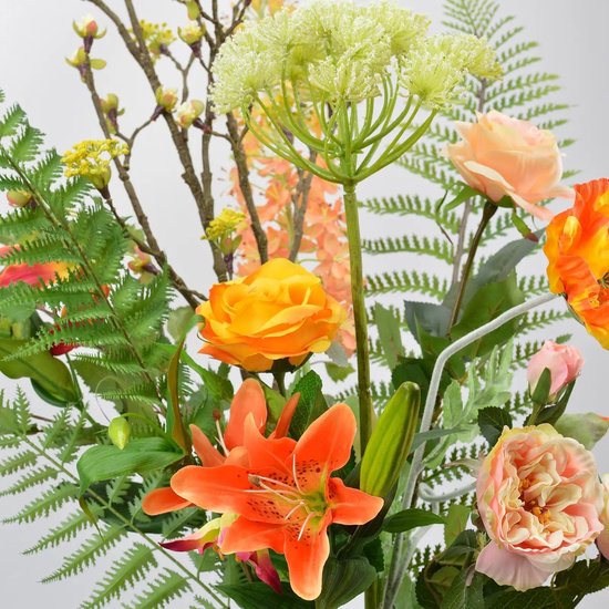 Plukboeket Kunstbloemen in Oranje/ Crème/ Oker inclusief Glasvaas