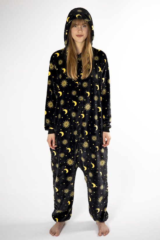 KIMU Onesie Maan Zon Sterren Pak - Maat L-XL - Maantjespak Kostuum Zwart - Huispak Fleece Maantjes Pyjama Zonnetjes Sterretjes Dames Heren Halloween