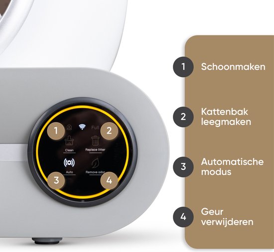 Close-up van het bedieningspaneel van de Nuvona zelfreinigende kattenbak met de functies: Schoonmaken, Kattenbak leegmaken, Automatische modus en Geur verwijderen.