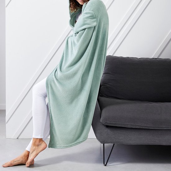 Hoodie fleece plaid deken met extra stuk voor warme handen - bespaar energie met deze plaid - kleur mint - tv deken