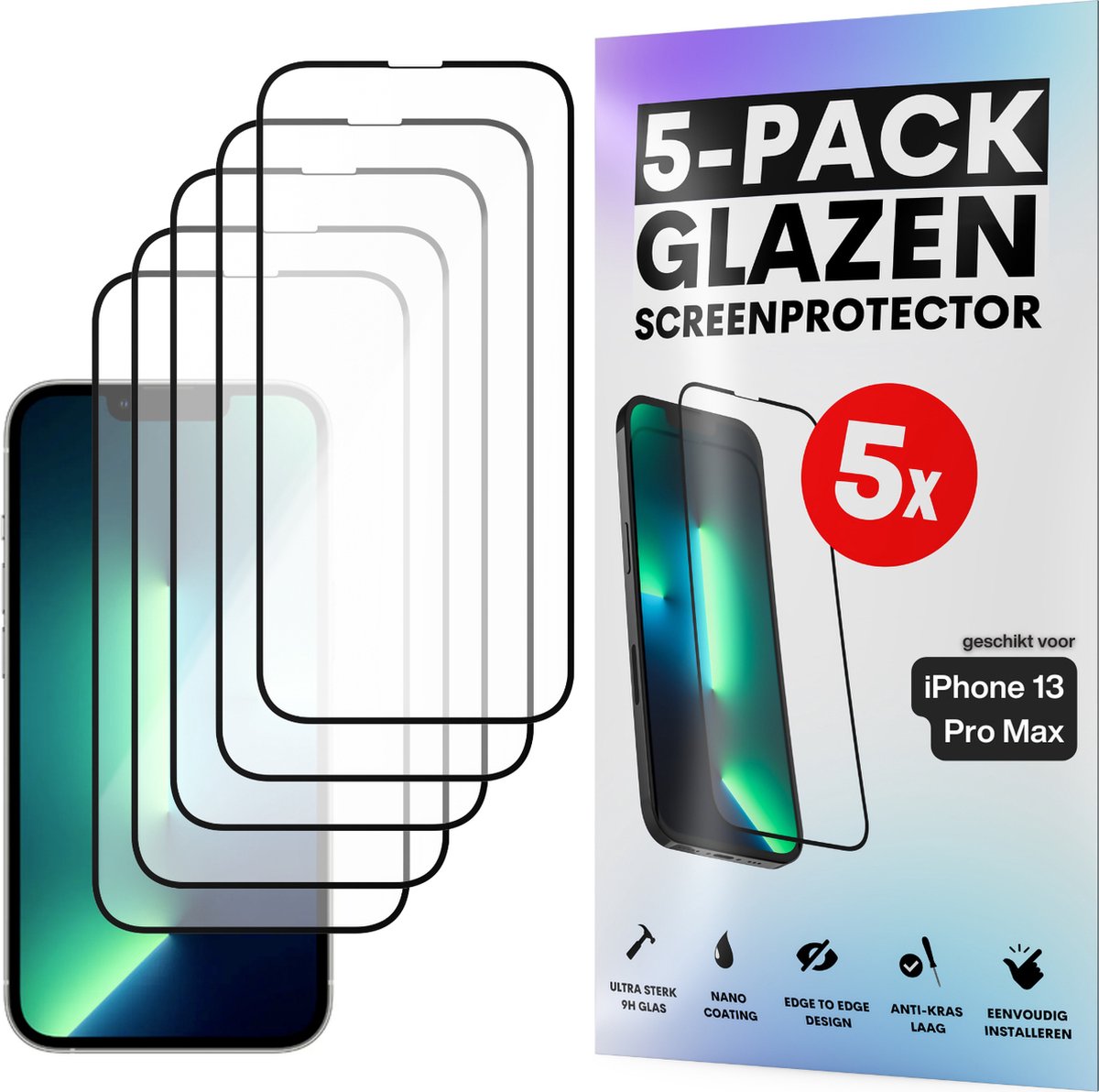 Screenprotector - Geschikt voor iPhone 13 Pro Max - Gehard Glas - Full Cover Tempered Glass - Case Friendly - 5 Pack