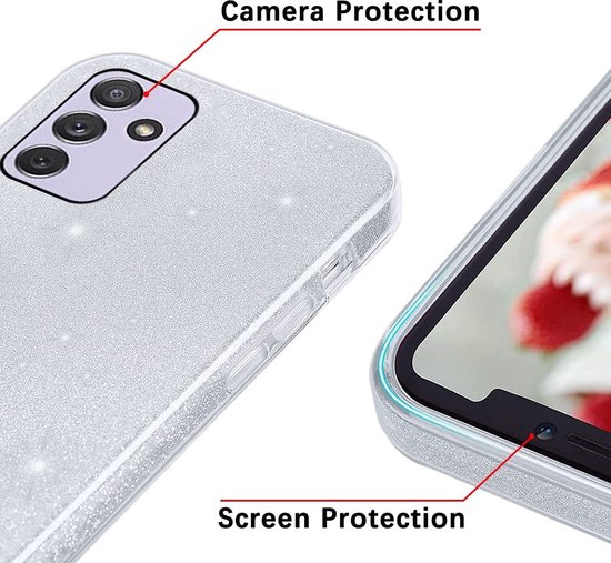 Casemania Coque pour Samsung Galaxy A15 - Argent - 2X Protecteur d'écran en Verres - Coque Arrière Glitter
