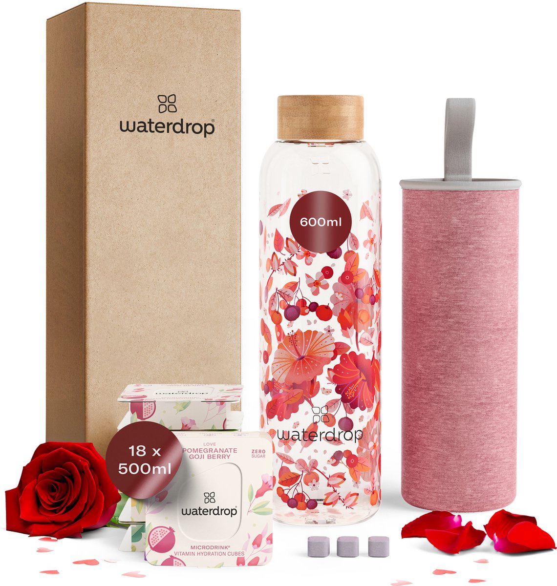 waterdrop® Starterset Glas - Relax Melange - valentijn cadeautje voor hem en haar - 1 Glas drinkfles 600 ml + 18 Microdrink bruistabletten