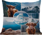 Buitenkussen - Schotse hooglander - Collage - IJs - Berg - 45x45 cm - Weerbestendig