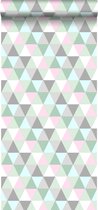 Walls4You behang grafische driehoeken groen, grijs en roze - 935280 - 53 cm x 10,05 m