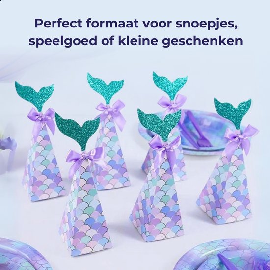 Groep zeemeerminnen traktatiedoosjes op tafel, perfect voor snoepjes, speelgoed of kleine geschenken.