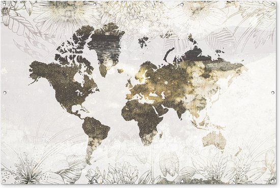 Muurdecoratie Wereldkaart - Bloemen - Goud - 180x120 cm - Tuinposter - Tuindoek - Buitenposter