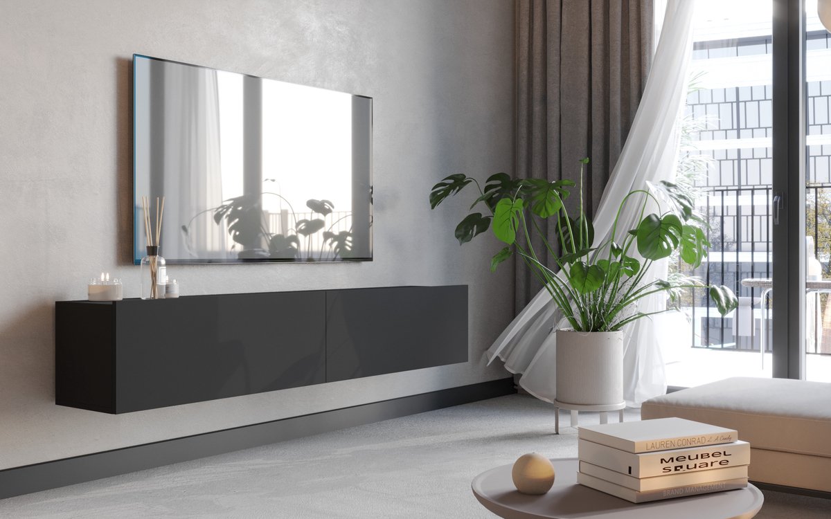 Meubel Square TV meubel FLY - Mat zwart - 180cm - Hangende of staande kast