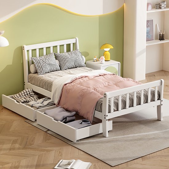Sweiko houten bed, eenpersoonsbed, jeugdbed, hoogslaper, bed voor volwassenen, met laden voor opslag, grenenhouten frame, wit (90x200cm)