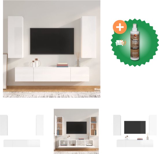 vidaXL 4-delige Tv-meubelset bewerkt hout hoogglans wit - Kast - Inclusief Houtreiniger en verfrisser