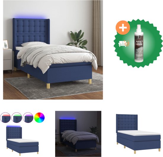 vidaXL Boxspring met matras en LED stof blauw 100x200 cm - Bed - Inclusief Reiniger