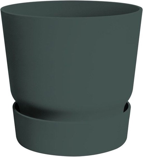 Een donkergroene Elho bloempot met waterreservoir.