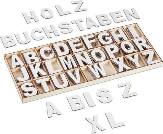 Relaxdays houten letters - wit - 208-delige set - alfabet letters - deur letters - groot