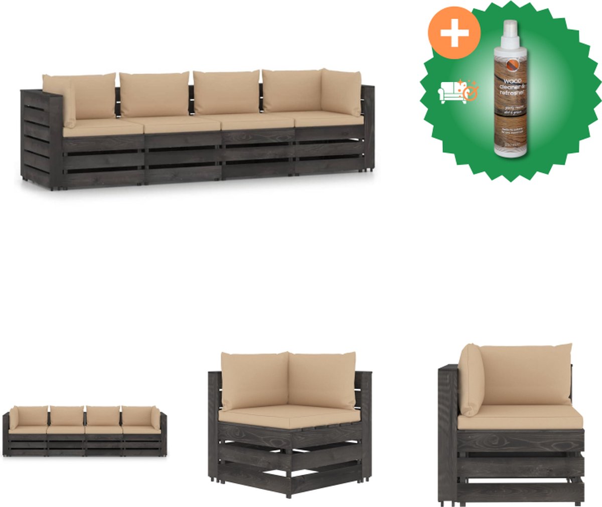 VidaXL Palletbank Houten 2x Middenbank 2x Hoekbank 69x70x66 cm Beige kussen Grenenhout Grijs geïmpregneerd Tuinset Inclusief Houtreiniger en verfrisser