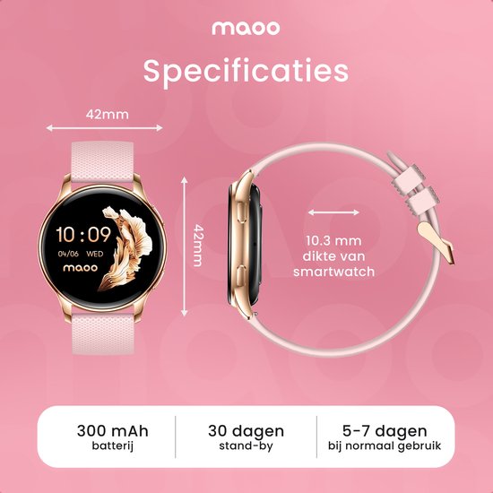 Maoo Ventura AMOLED Smartwatch Dames - RVS en 4x Siliconen Bandje - Stappenteller - Hartslagmeter - Slaapmonitor - Multisport - Geschikt voor Android en iOS - Rosé Goud en Roze