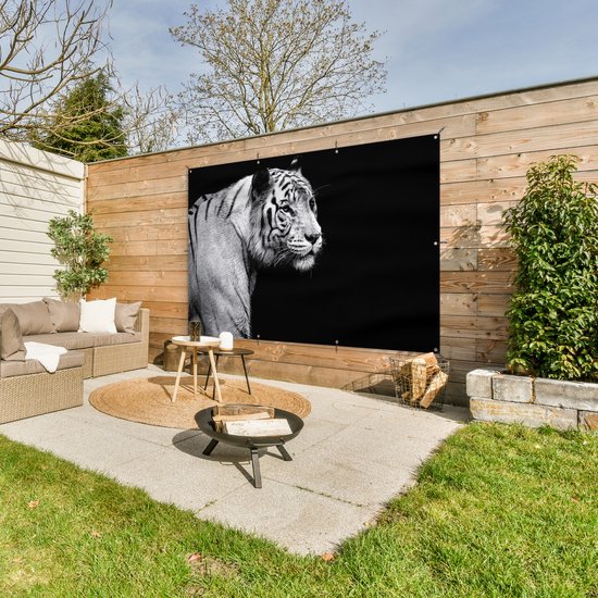 Tigre blanc de Sibérie sur fond noir affiche de jardin toile en vrac 180x120 cm - Toile de jardin / Toile d'extérieur / Peintures d'extérieur (décoration de jardin) XXL / Groot format!