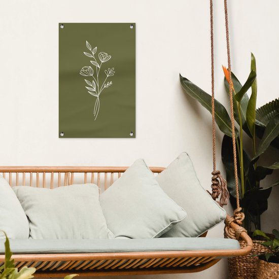Groene tuinposter met witte bloemen lijntekening, hangend bij een hangbank.