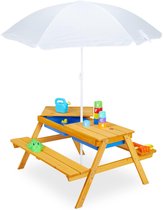 kinderpicknicktafel met parasol, houten kindertafel met bankjes, zand- en watertafel, voor buiten, naturel