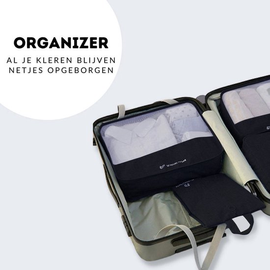Een open koffer met zwarte packing cubes, waaronder kleding en een organizer, met witte cirkel en tekst ORGANIZER.