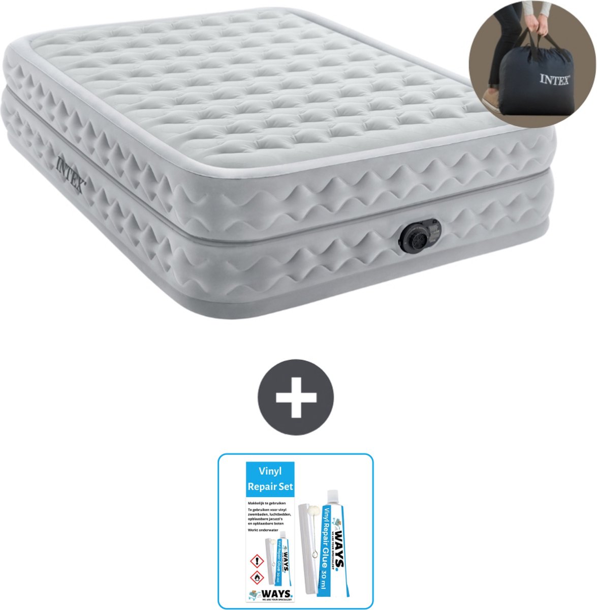 Intex Luchtbed - 2-Persoons - 152 x 203 x 51 cm - Grijs - Inclusief pomp - Reparatieset