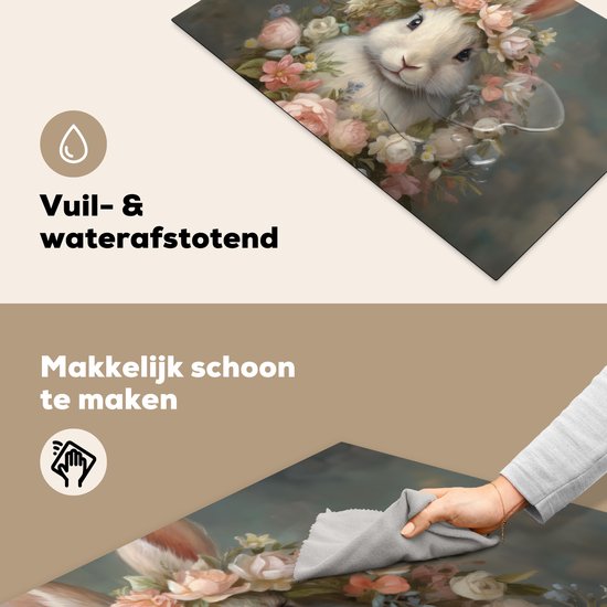 Een konijn met een krans van roze en witte bloemen, omringd door bladeren. Vuil- en waterafstotend.