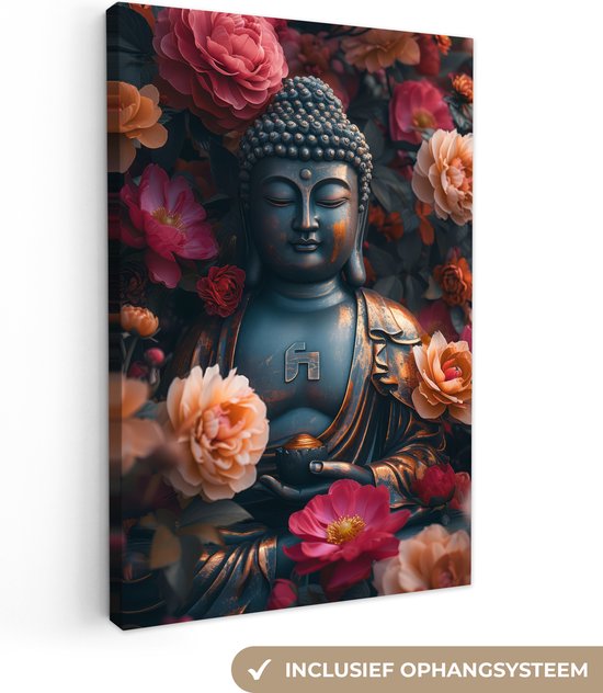 Canvas Schilderij 120x180 cm - Boeddha - Bloemen - Buddha - Beeld - Kunst - Wanddecoratie - Muurdecoratie woonkamer - Kamer decoratie - Wanddoek binnen - Woonaccessoires