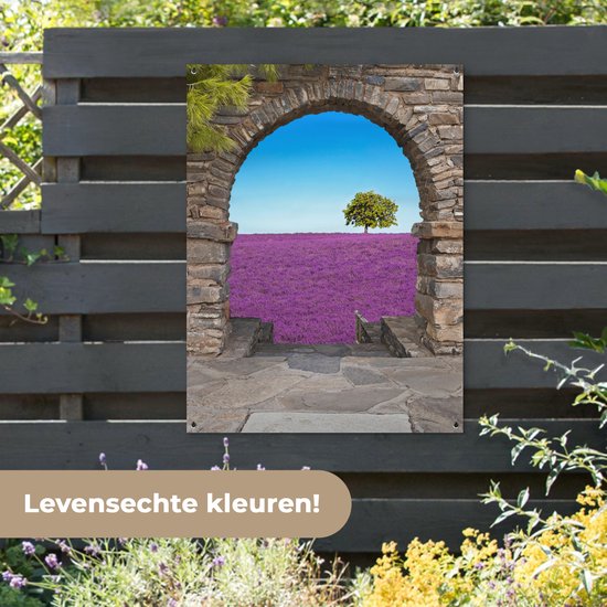 Affiche de jardin - Vue - Lavande - Arbre - Fleurs - Paysage - 90x120 cm - Décoration de clôture - Toile de jardin
