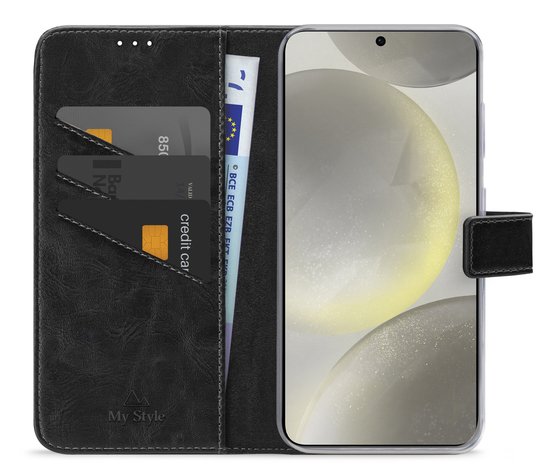 Coque de téléphone My Style adaptée au Samsung Galaxy S24 | Portefeuille Bookcase My Style Flex Wallet | Porte-cartes pour 3 cartes | Étui de téléphone pour carte de débit / carte de transport en commun / permis de conduire - Zwart