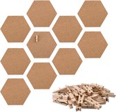 prikbord van kurk - 10 tegels zeshoekig - Kurken wandbord - Inclusief 50 houten punaises - 15 x 17 cm - Zelfklevend