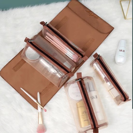 Sans Citron - Trousse de Toilette Pliable - Pochettes Amovibles - Trousse de Maquillage - Trousse de Voyage - Organisateur de Voyage - Cosmétiques - Beauty - Vacances - Voyages - Kaki/Marron