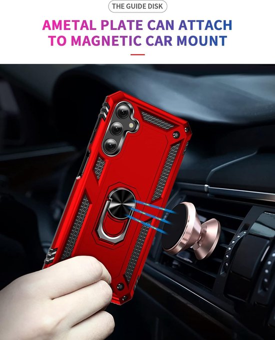 Rood telefoonhoesje met magnetische metalen plaat voor autohouder, met ring aan de achterkant.