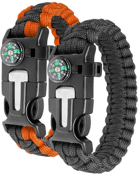 Outdoor survival Armband-2 stuks-Zwart/Oranje Zwart - 5 in 1 met Vuursteen (magnesium stick), Paracord, Kompas, Noodfluit en Schraper-Paracord-Levensreddende Armband