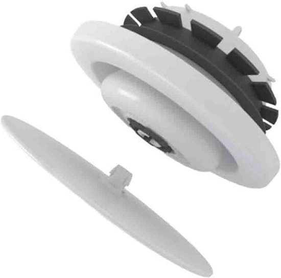 Witte ventilatieklep met zwarte rubberen afdichting en een losse witte klepdeksel.