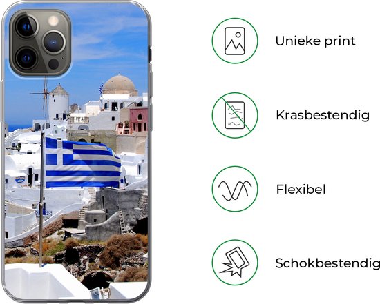Coque iPhone 12 Pro - Drapeau de la Grèce entre les maisons blanches - Siliconen