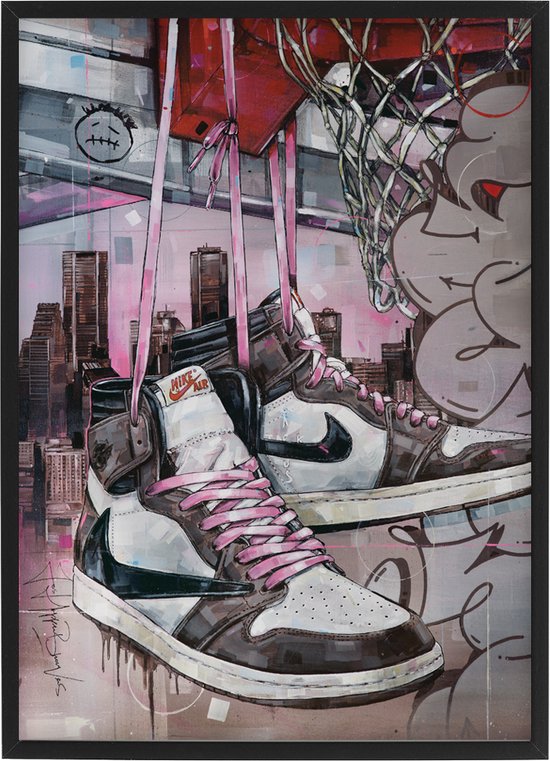 Sneaker print high - pink laces basket 30,6x43 cm (A3) *ingelijst & gesigneerd