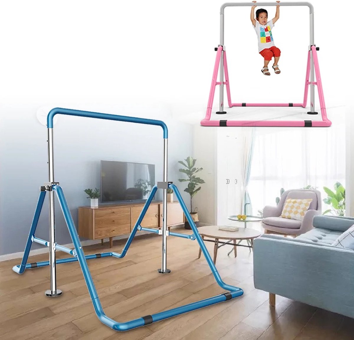 Nancy's Capaccio Turnrek - Gymanstiekrek - Rekstok - In Hoogte Verstelbaar Blauw Staal Beukenhout