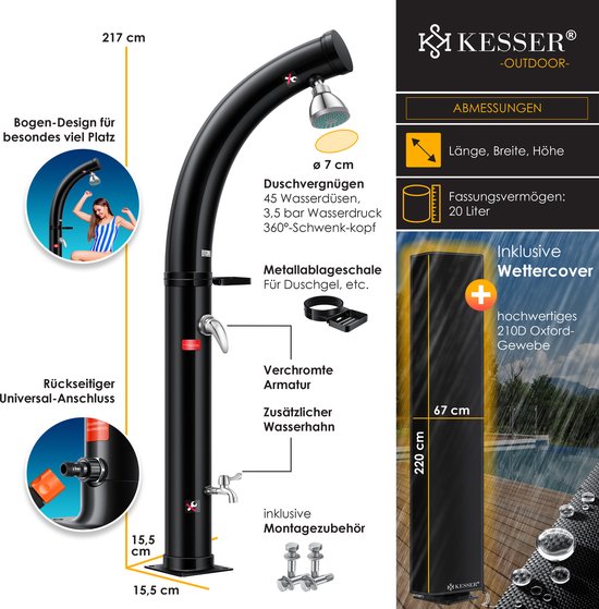 Zwarte buitendouche met afmetingen, 20 liter capaciteit en een weerhoes van 220 cm.