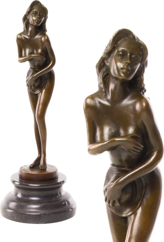 Naakte Vrouw - Erotisch Brons Beeld op Marmer Sokkel - Beeldende Kunst Sculptuur - Museum Kwaliteit Bronzen Beelden - 11x11x28cm