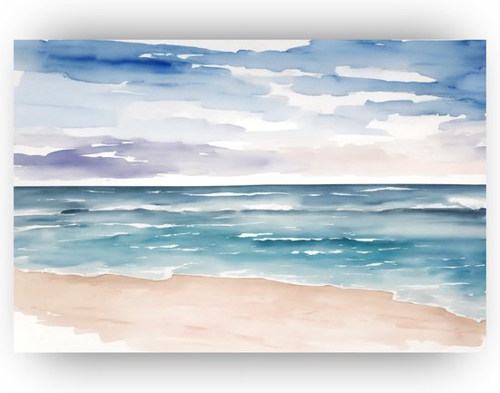 Aquarel strand - Waterverf schilderijen - Muurdecoratie zee - Wanddecoratie klassiek - Schilderijen canvas - Schilderijen & posters - 70 x 50 cm 18mm