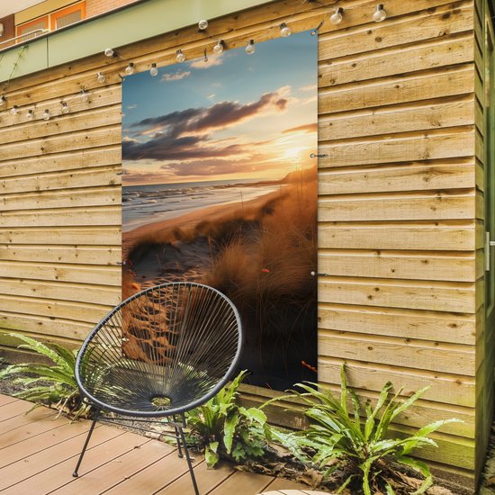 Tuinposter 120x180 cm - Tuindecoratie Strand - Zonsondergang - Duinen - Zee - Zand - Poster voor in de tuin - Buiten decoratie - Schutting tuinschilderij - Tuindoek muurdecoratie - Wanddecoratie balkondoek