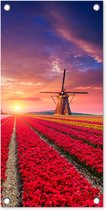 Tuinposter Molen - Bloemen - Zonsondergang - Hollands - 30x60 cm - Tuindoek - Buitenposter