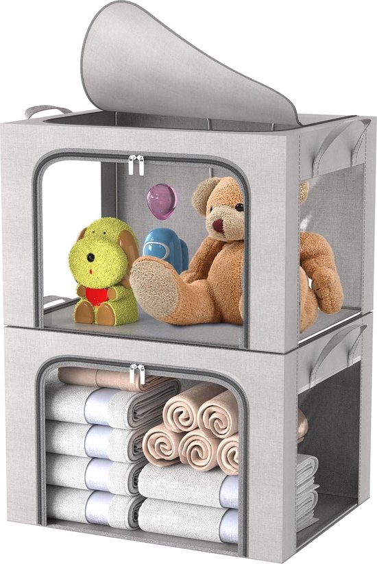 Zhufas 3 stuks 24L opbergtas met metalen frame, stapelbare opvouwbare organisatieboxen met deksel, kledingkast-organizer voor dekbedden, kleding, deken, T-shirts, kledingkast (grijs