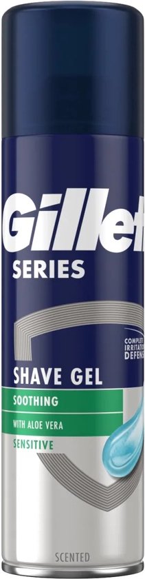 Gillette Series scheergel Soothing met aloë vera voor de gevoelige huid. Blauwe bus met donkerblauwe dop.