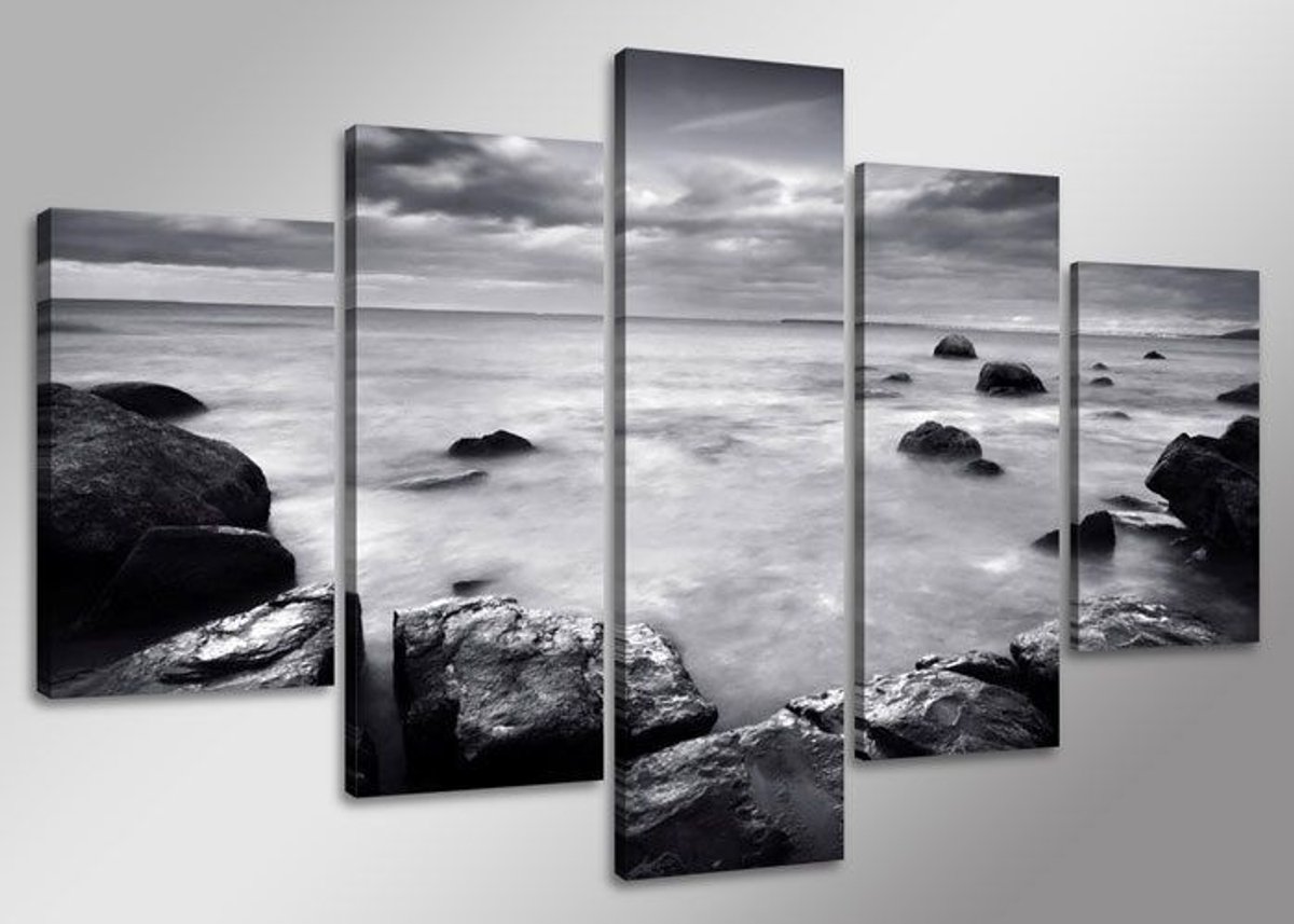 karo-art Schilderij - Zee, Zwart/Wit, 160X80cm, 5luik Multikleur