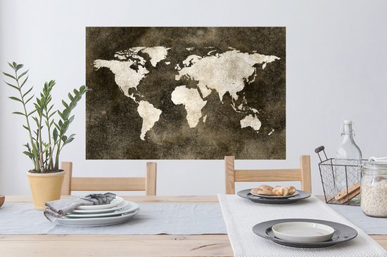 Sticker Muursticker Cartes du monde du Wereldkaart avec motif texturé dans les tons marron - 90x60 cm - Film adhésif autocollant - Sticker mural repositionnable
