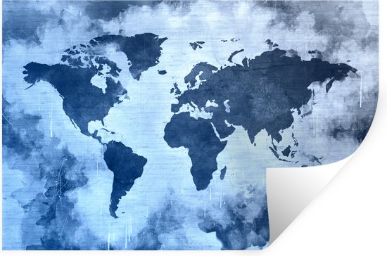 Sticker Muursticker Cartes du monde - Wereldkaart avec peinture bleue et bleu foncé sur fond avec motif texturé - 60x40 cm - feuille autocollante - sticker mural repositionnable