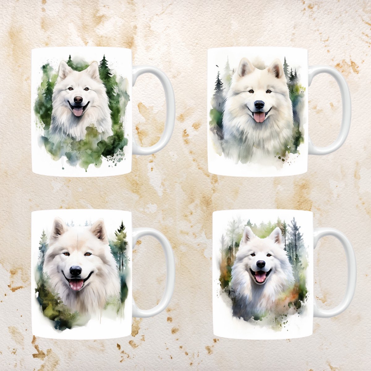 Samoyed mokken set van 4, servies voor hondenliefhebbers, hond, thee mok, beker, koffietas, koffie, cadeau, moeder, oma, pasen decoratie, kerst, verjaardag