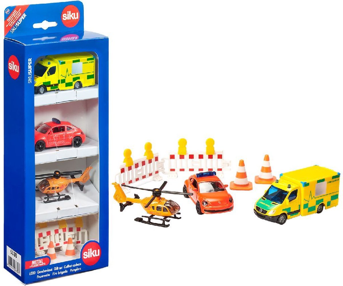 SIKU Super Redding geschenkset: VW Beetle, Mercedes Sprinter + helikopter