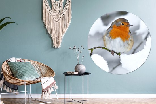 WallCircle - Stickers muraux - Cercle de papier peint - Robin - Neige - Hiver - 120x120 cm - Cercle mural - Autocollant - Papier peint autocollant rond XXL